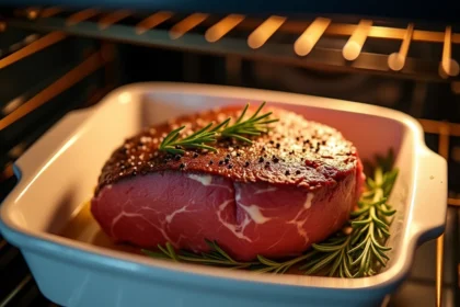 Filet mignon entier assaisonné de sel, poivre et romarin dans un plat en céramique blanche prêt à cuire au four