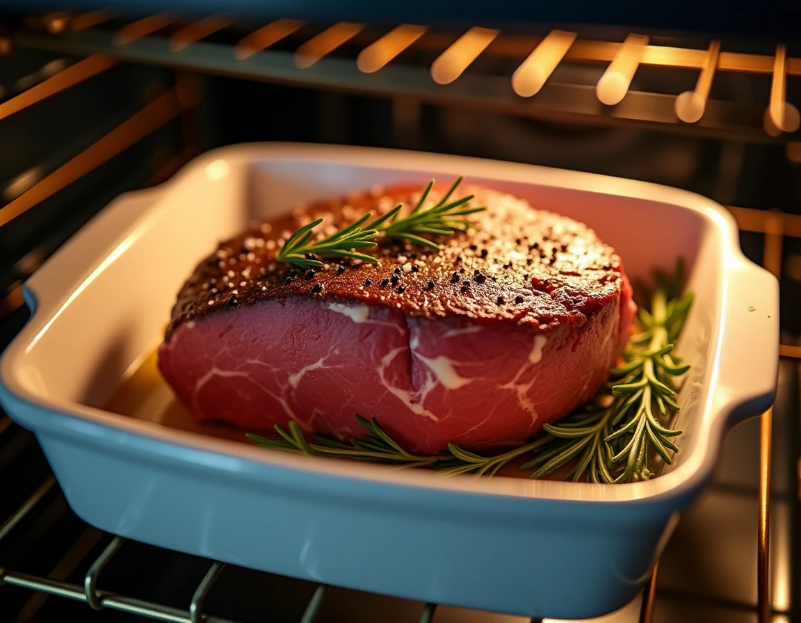 Filet mignon entier assaisonné de sel, poivre et romarin dans un plat en céramique blanche prêt à cuire au four