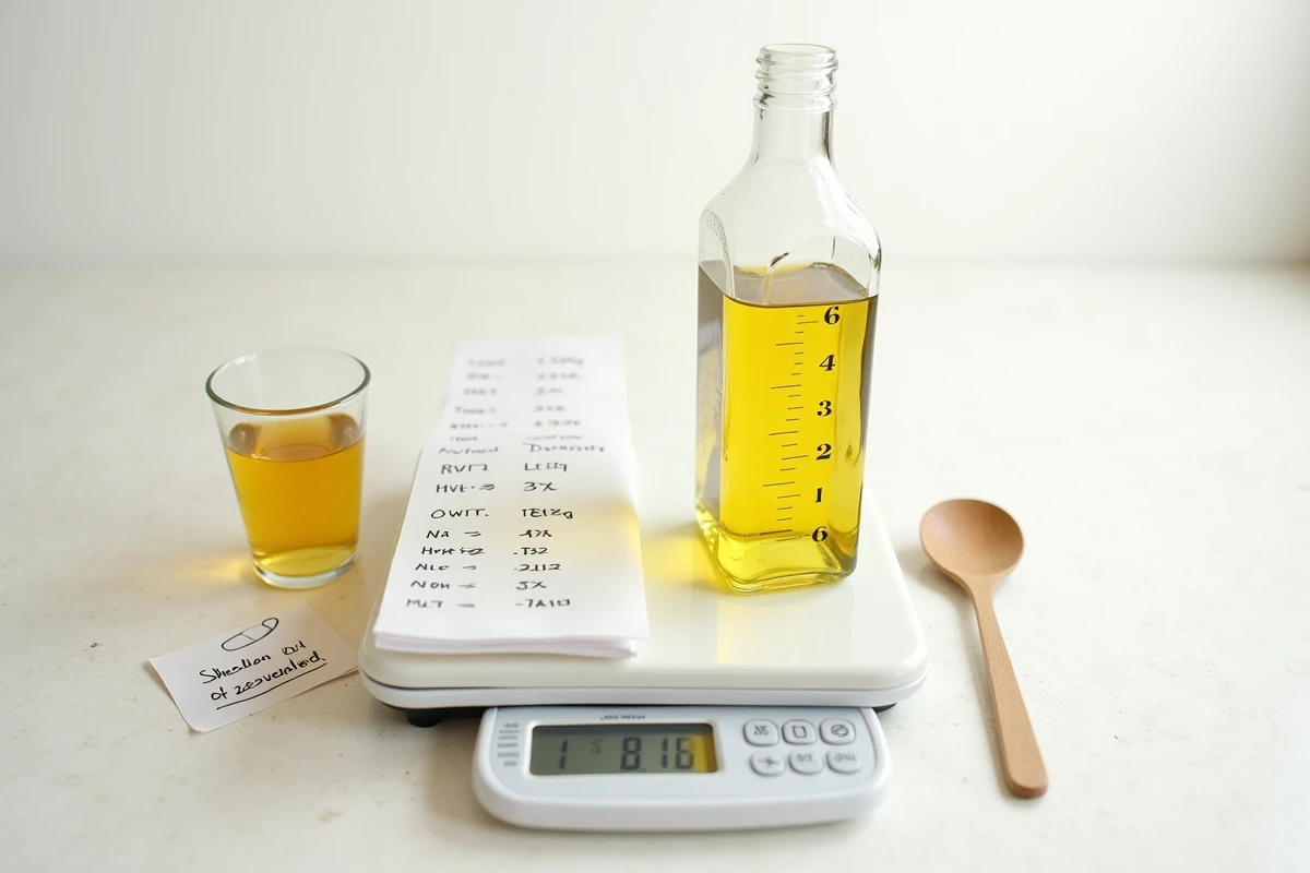 Flat-lay d'une bouteille graduée d'un litre, d'une balance de cuisine et d'un tableau de conversion litres en kilogrammes