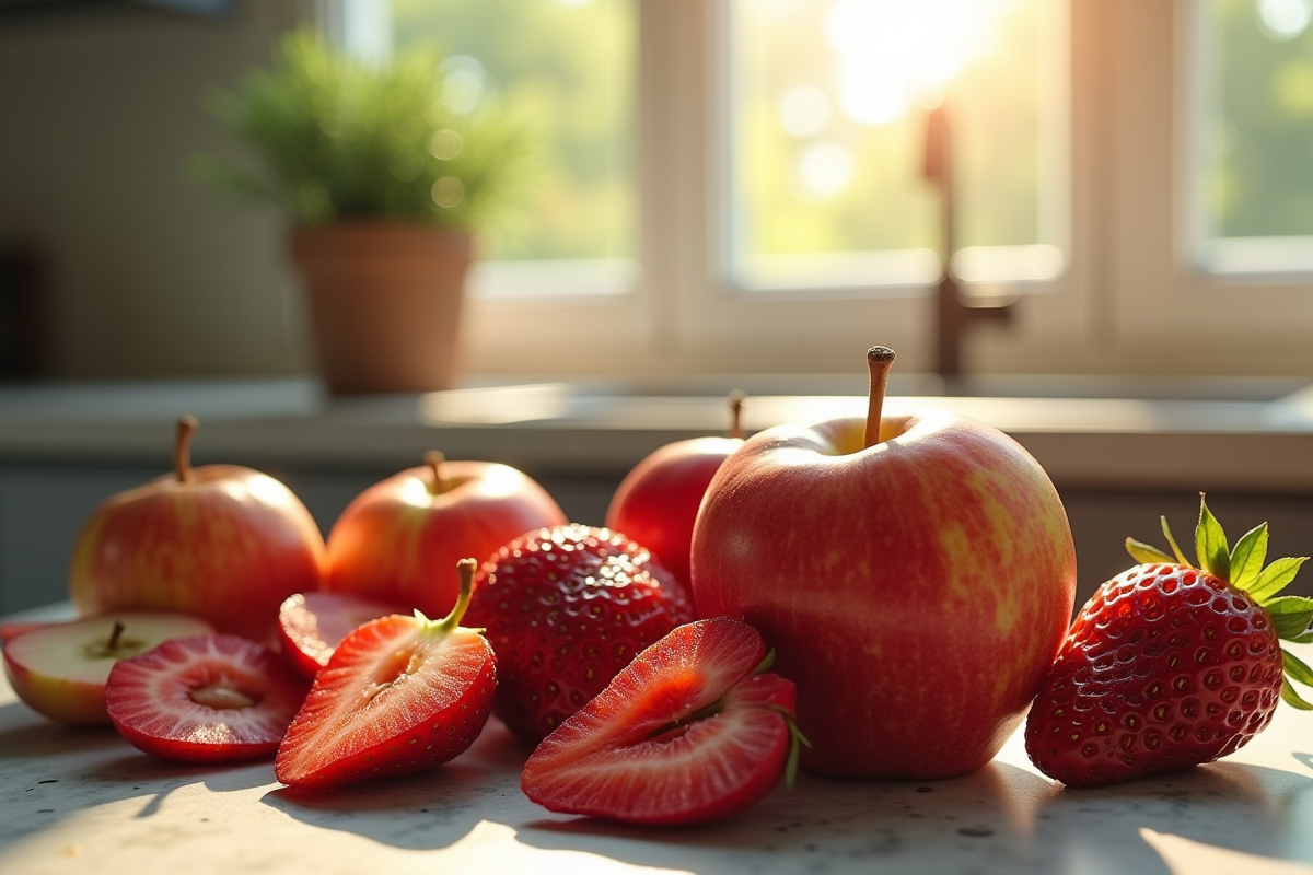 Fraises sauvages et pommes wax dans une cuisine lumineuse