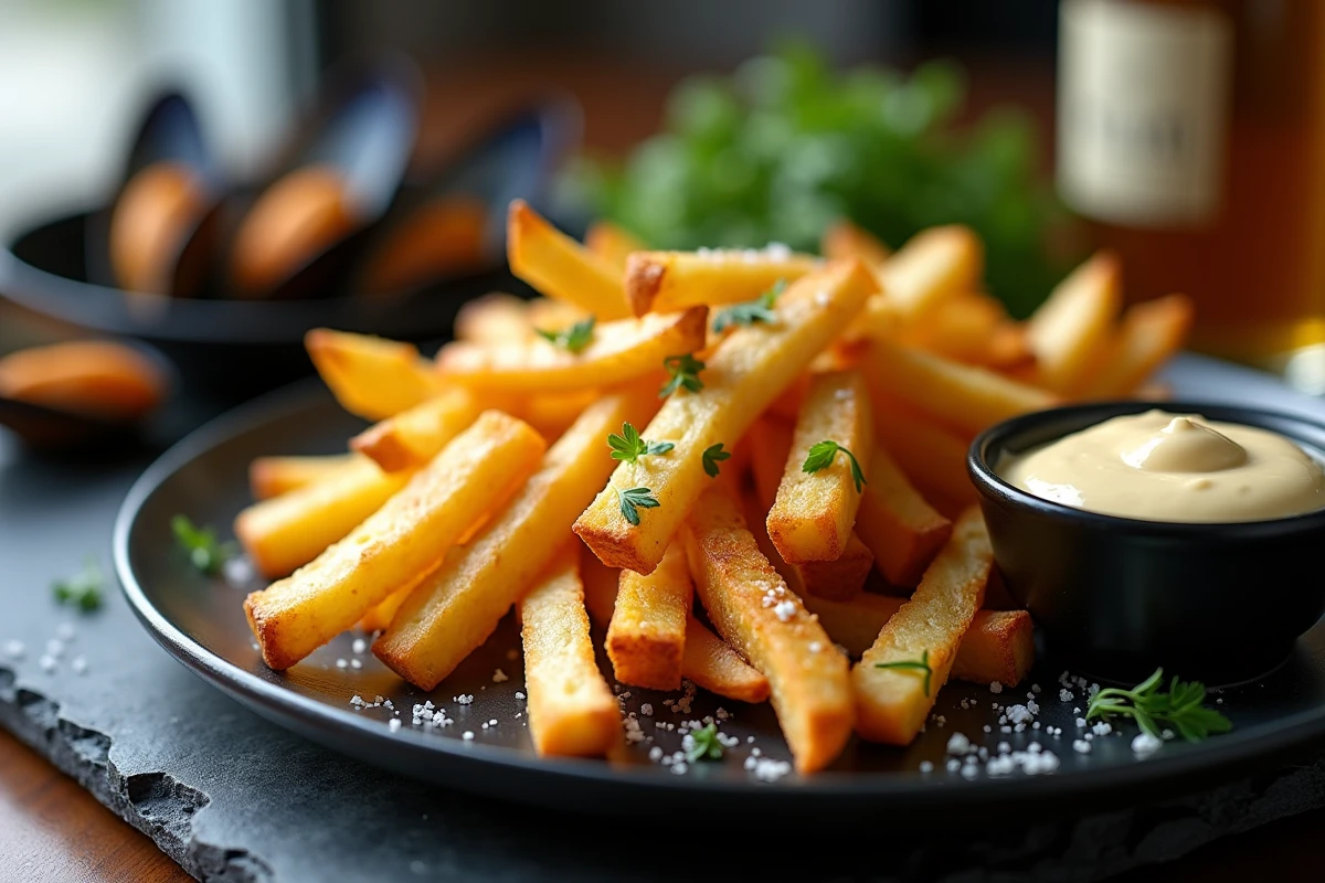 Frites maison dorées et croustillantes sur ardoise avec ramekin de mayonnaise et coquilles de moules, présentation style brasserie