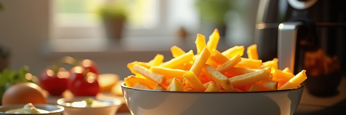 Gros plan sur des frites maison dorées dans un bol élégant avec une friteuse Fagor à côté