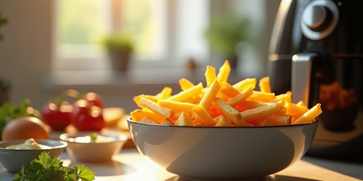Gros plan sur des frites maison dorées dans un bol élégant avec une friteuse Fagor à côté