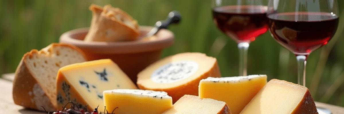 Table en plein air avec fromages corses et vin rouge