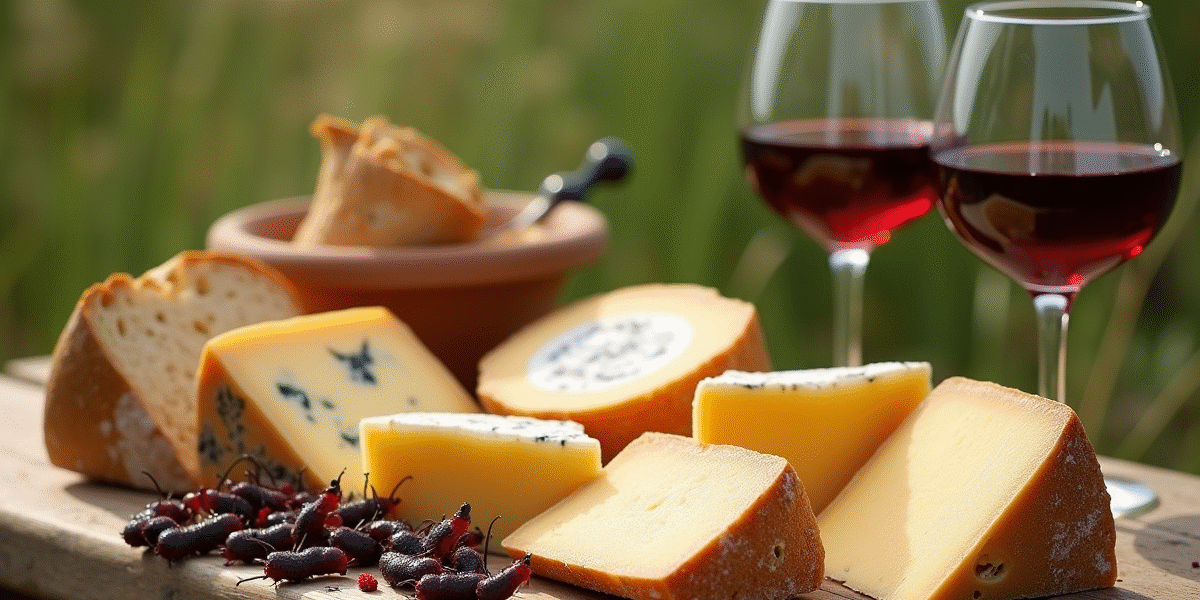 Table en plein air avec fromages corses et vin rouge