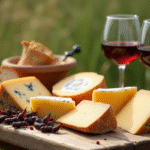 Table en plein air avec fromages corses et vin rouge