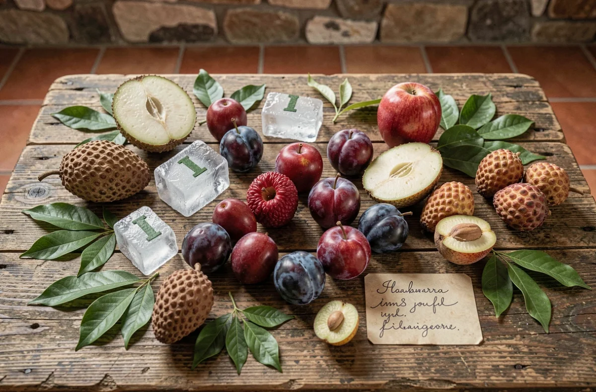 Assortiment de fruits exotiques commençant par la lettre I disposés sur une table en bois rustique avec des étiquettes vintage