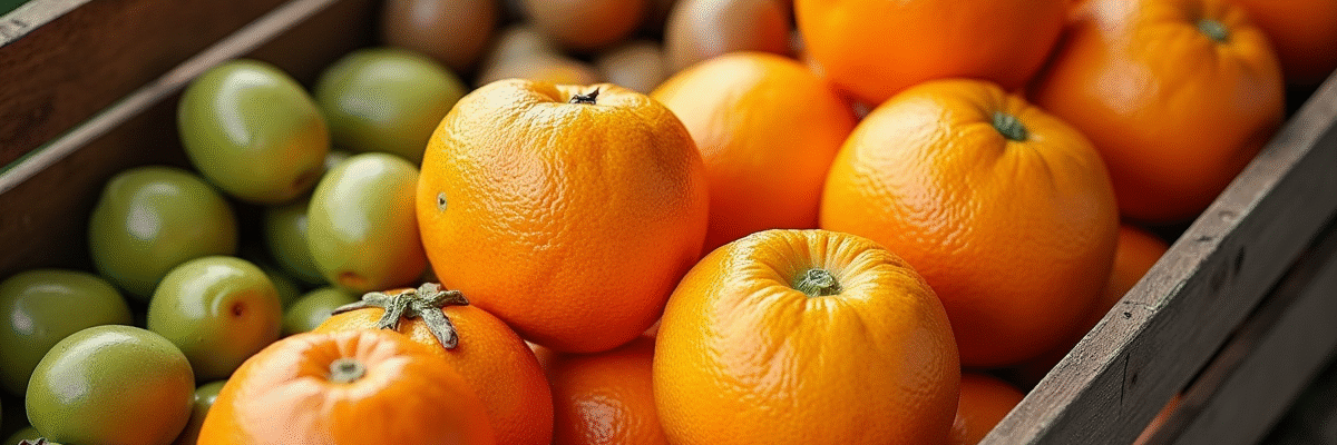 Sélection de fruits de saison débutant par O avec oranges et olives