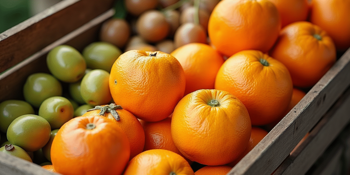 Sélection de fruits de saison débutant par O avec oranges et olives