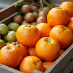 Sélection de fruits de saison débutant par O avec oranges et olives