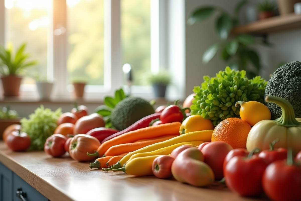 Fruits et légumes frais avec lettres U dans une cuisine moderne
