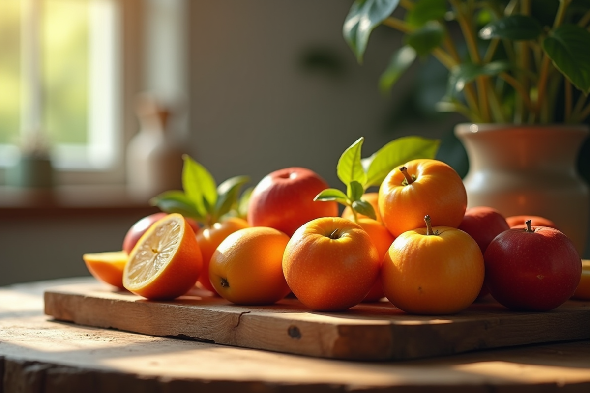 Fruits mûrs débutant par O sur une table de cuisine rustique