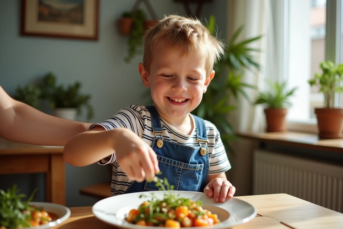 Garçon joyeux saupoudrant des herbes sur un plat végétarien