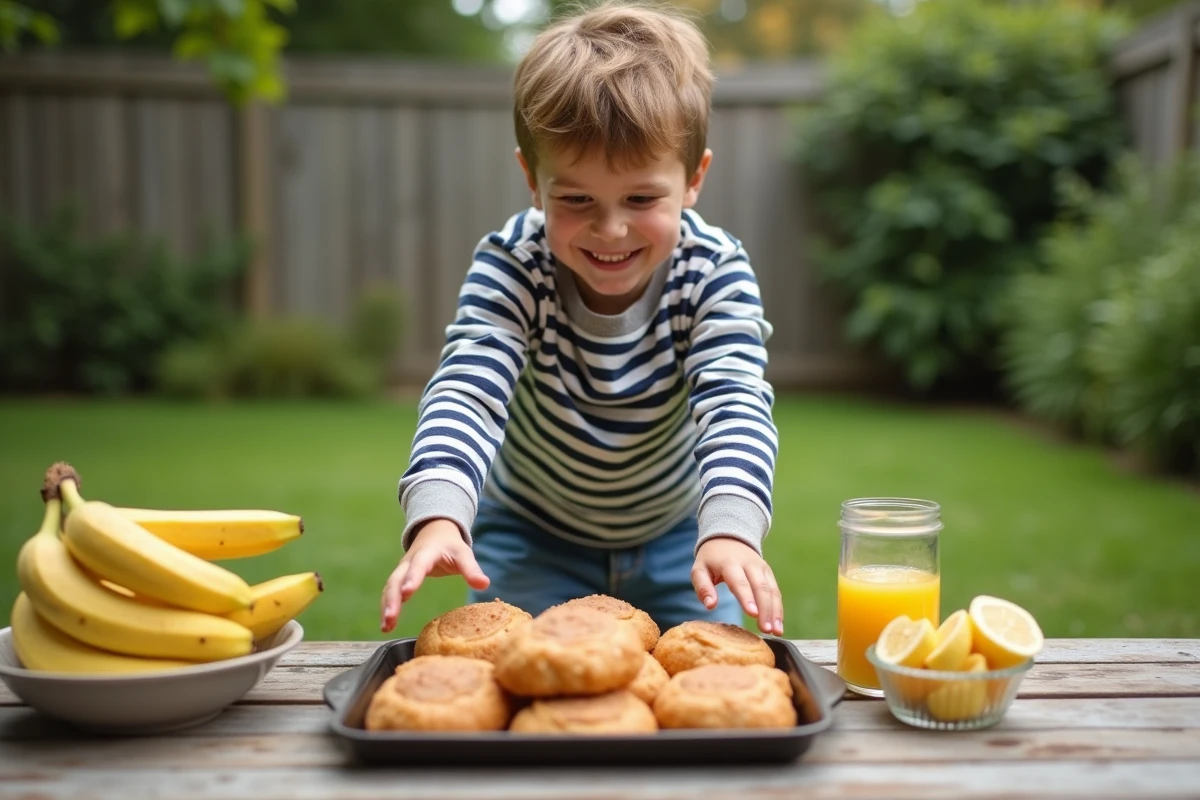 Garçon de 10 ans mange un beignet dans le jardin