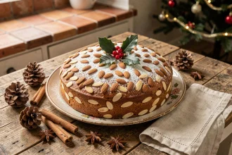 Gâteau aux amandes décoré pour Noël posé sur une table en bois rustique avec des pommes de pin et des bâtons de cannelle