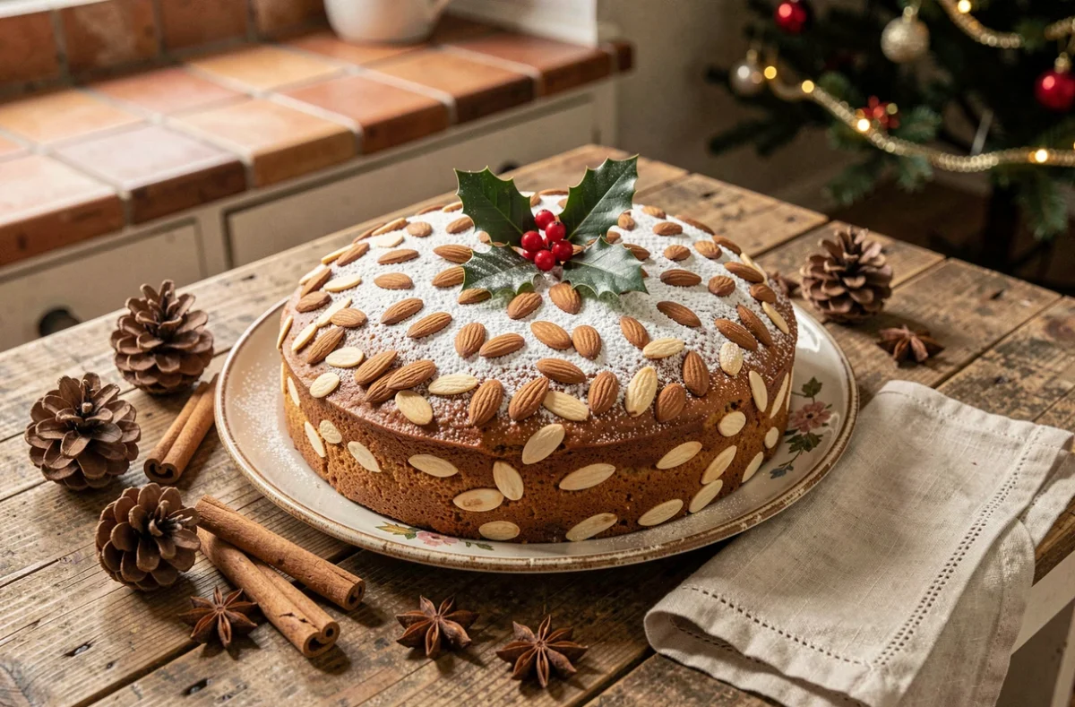 Gâteau aux amandes décoré pour Noël posé sur une table en bois rustique avec des pommes de pin et des bâtons de cannelle