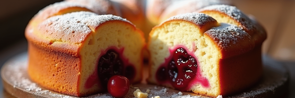 Gâteau basque aux cerises coupé en deux avec garniture visible