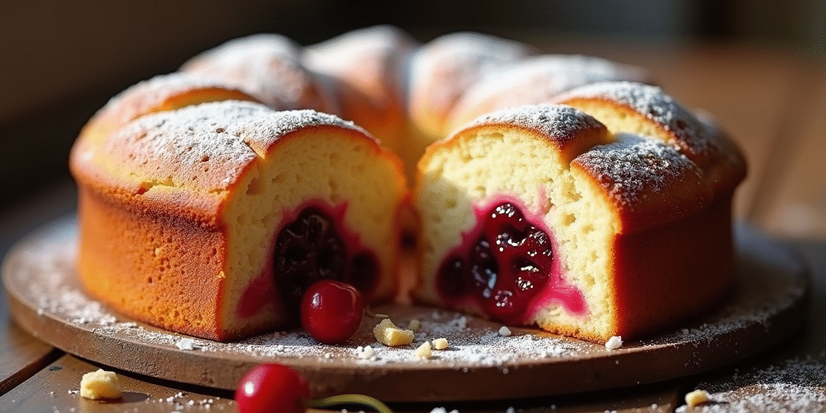 Gâteau basque aux cerises coupé en deux avec garniture visible