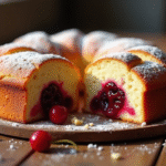 Gâteau basque aux cerises coupé en deux avec garniture visible