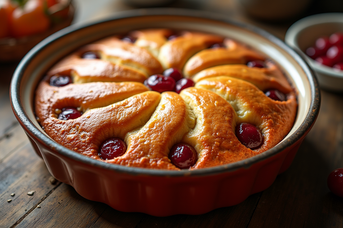 Gâteau basque aux cerises entier dans un plat en céramique