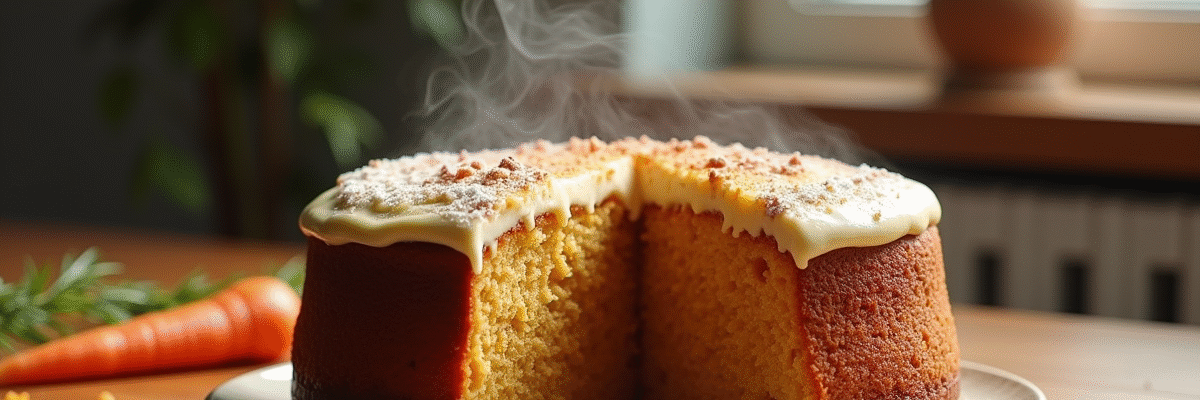 Gâteau aux carottes tranché avec vapeur sur une table en bois