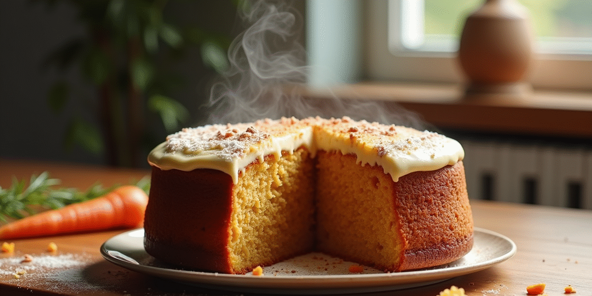 Gâteau aux carottes tranché avec vapeur sur une table en bois