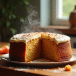 Gâteau aux carottes tranché avec vapeur sur une table en bois
