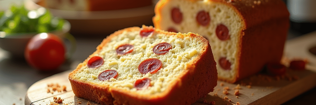 Tranche de gâteau au chorizo frais sur planche en bois