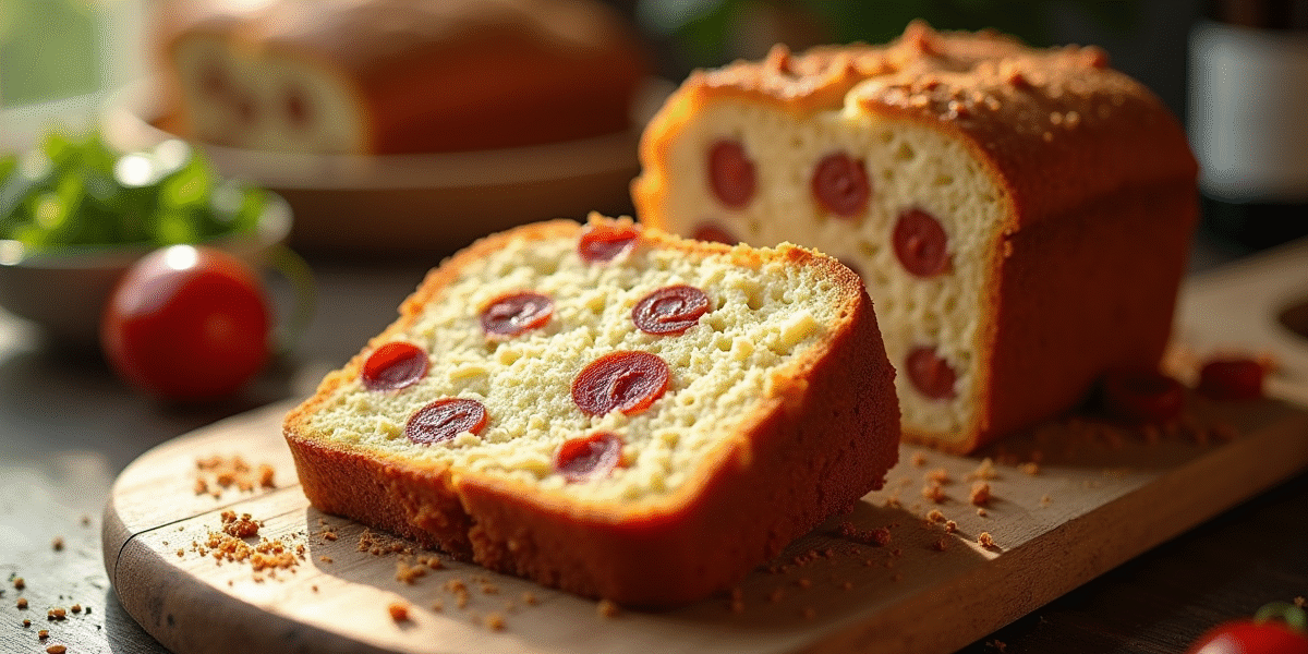 Tranche de gâteau au chorizo frais sur planche en bois