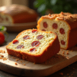 Tranche de gâteau au chorizo frais sur planche en bois