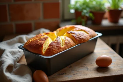 Grand gâteau aux œufs maison dans un moule à cake posé sur une table en bois rustique avec œufs entiers et torchon en lin