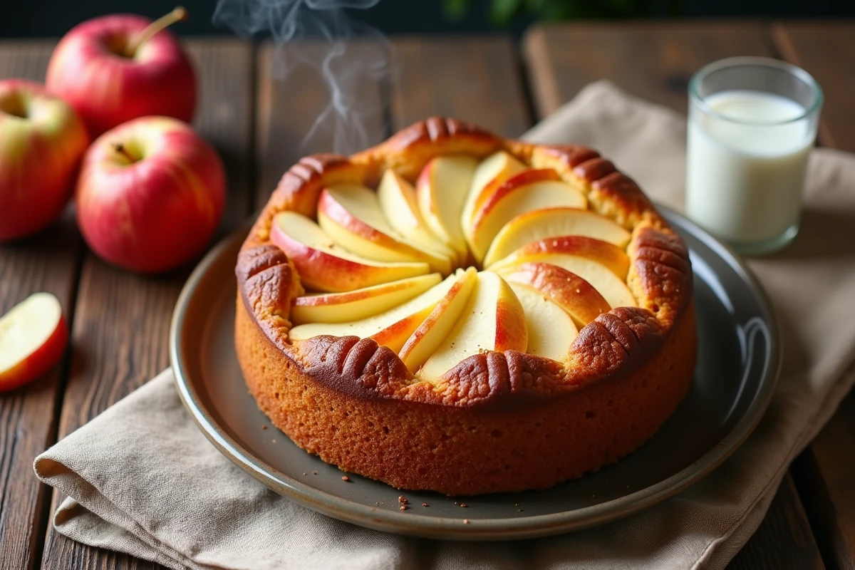 Gâteau au yogourt et pomme doré sur table en bois