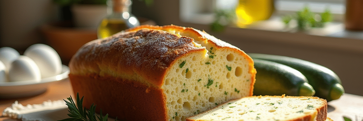 Pain de zucchini et feta tranché sur une table en bois rustique