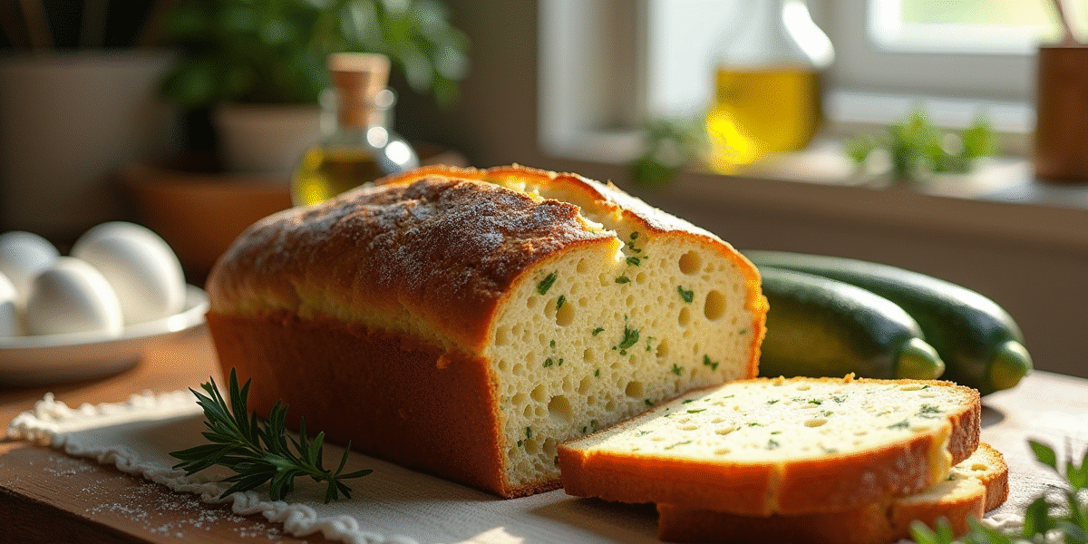 Pain de zucchini et feta tranché sur une table en bois rustique