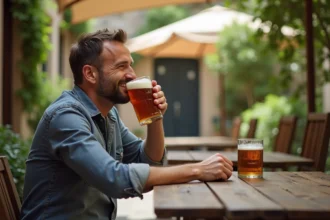 Bière artisanale servie dans un verre devant un groupe d'amis