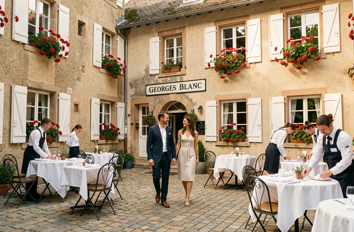 Façade fleurie et cour pavée du restaurant Georges Blanc à Vonnas dans l'Ain avec staff en tablier blanc préparant les tables extérieures