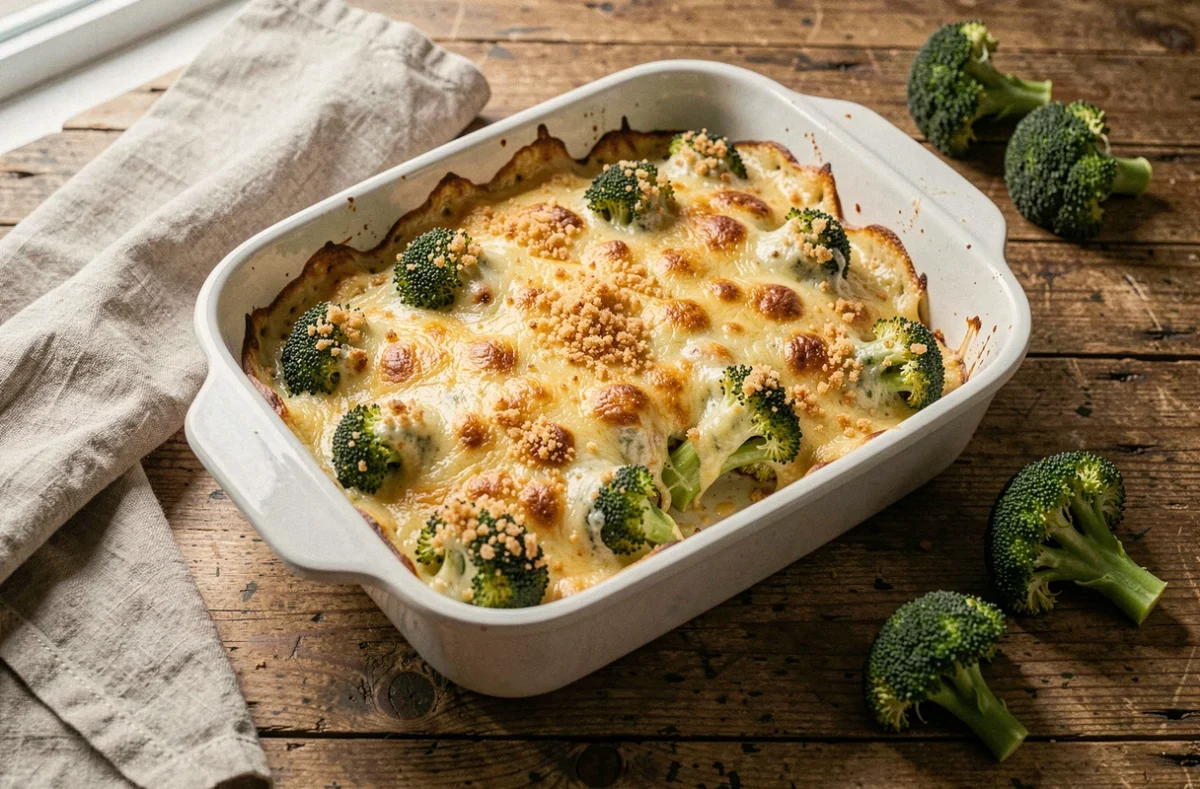 Gratin de brocolis maison avec croûte dorée et fromage fondu dans un plat en céramique blanche sur une table en bois rustique