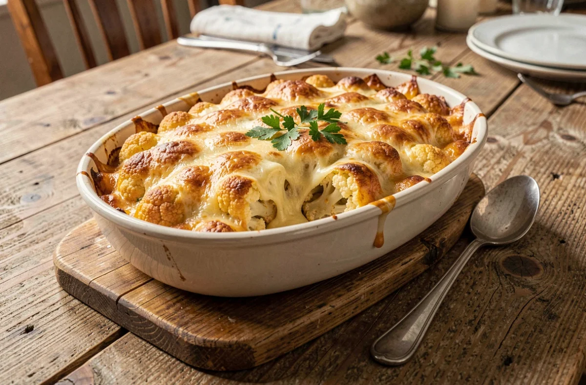Gratin de chou-fleur doré et gratiné sorti du four avec croûte de fromage fondu sur une table en chêne rustique