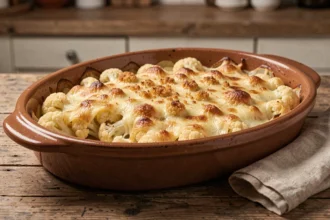 Gratin de chou-fleur et pomme de terre doré et gratiné dans un plat en céramique rustique posé sur une table en bois