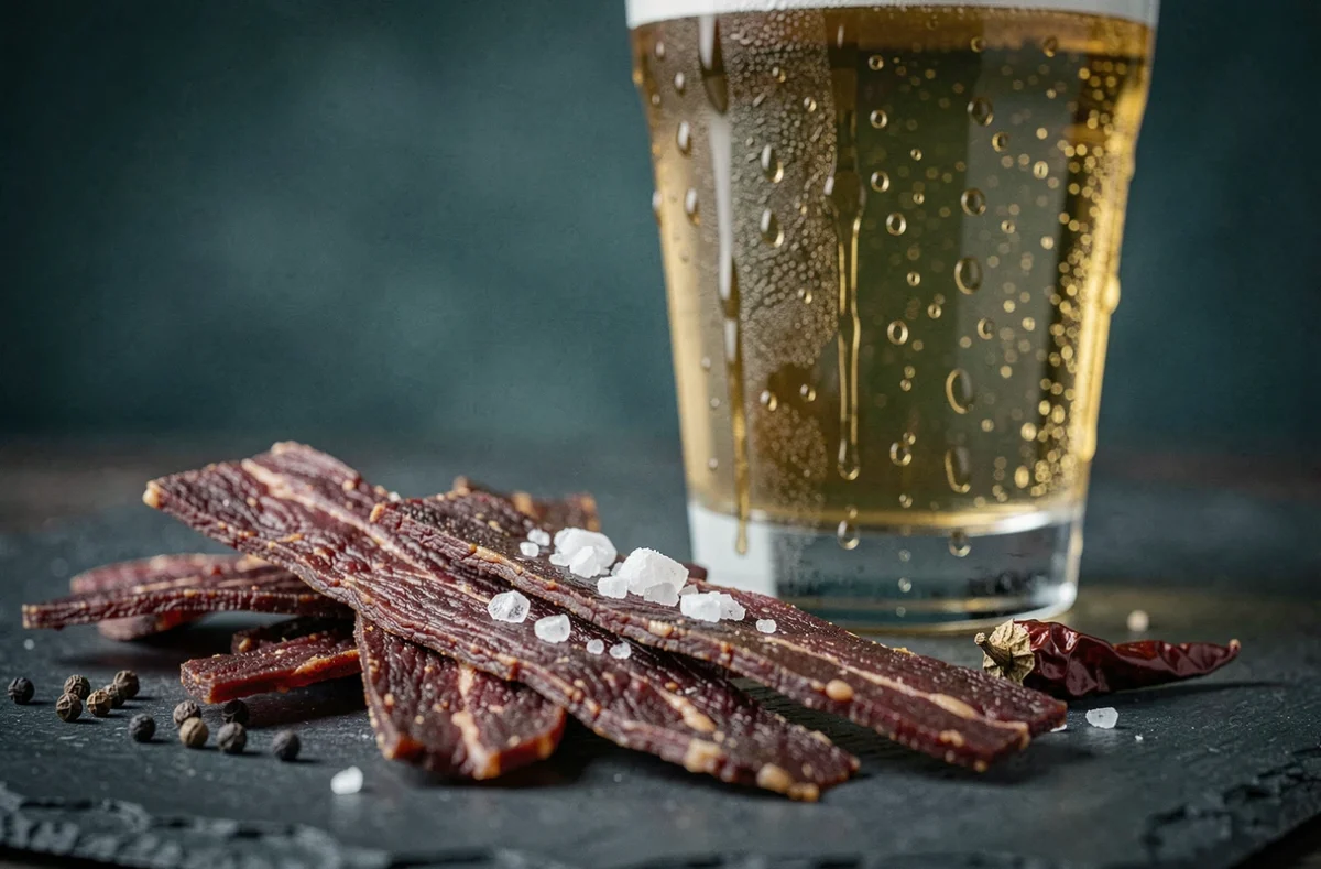 Gros plan sur du beef jerky artisanal et une bière IPA dorée pour un accord apéritif original