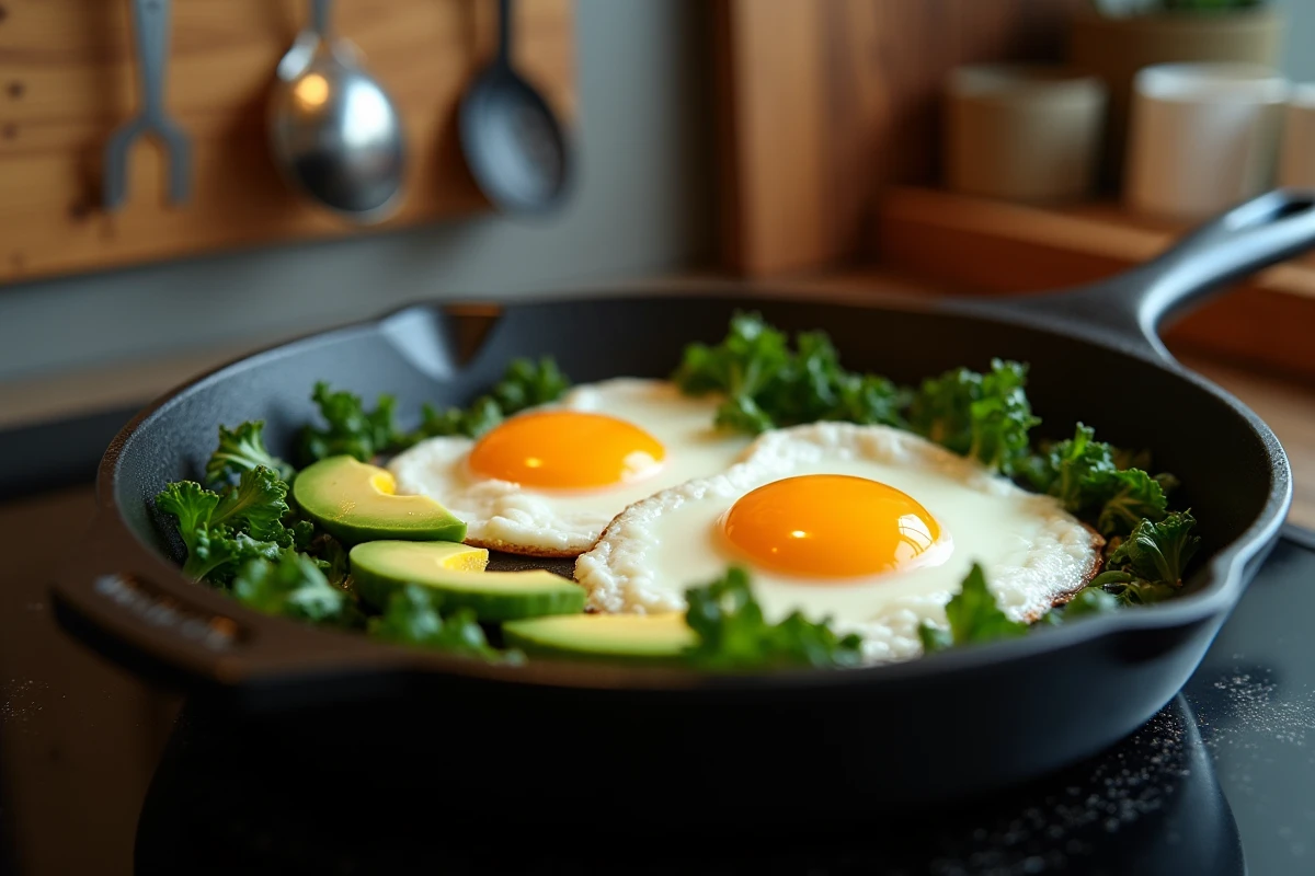 Gros plan d'œufs au plat dans une poêle en fonte avec kale et avocat pour un repas protéiné rapide