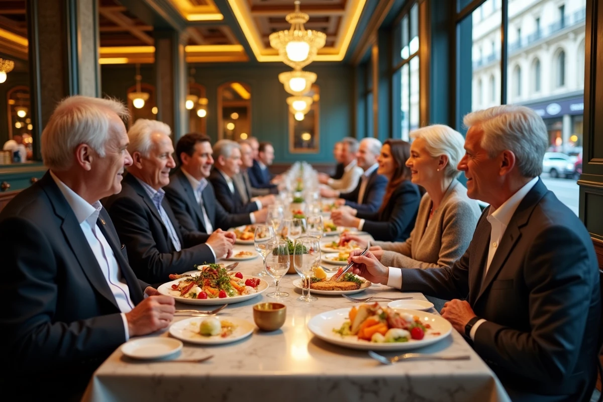Groupe de convives dégustant charcuterie et fruits de mer dans une brasserie