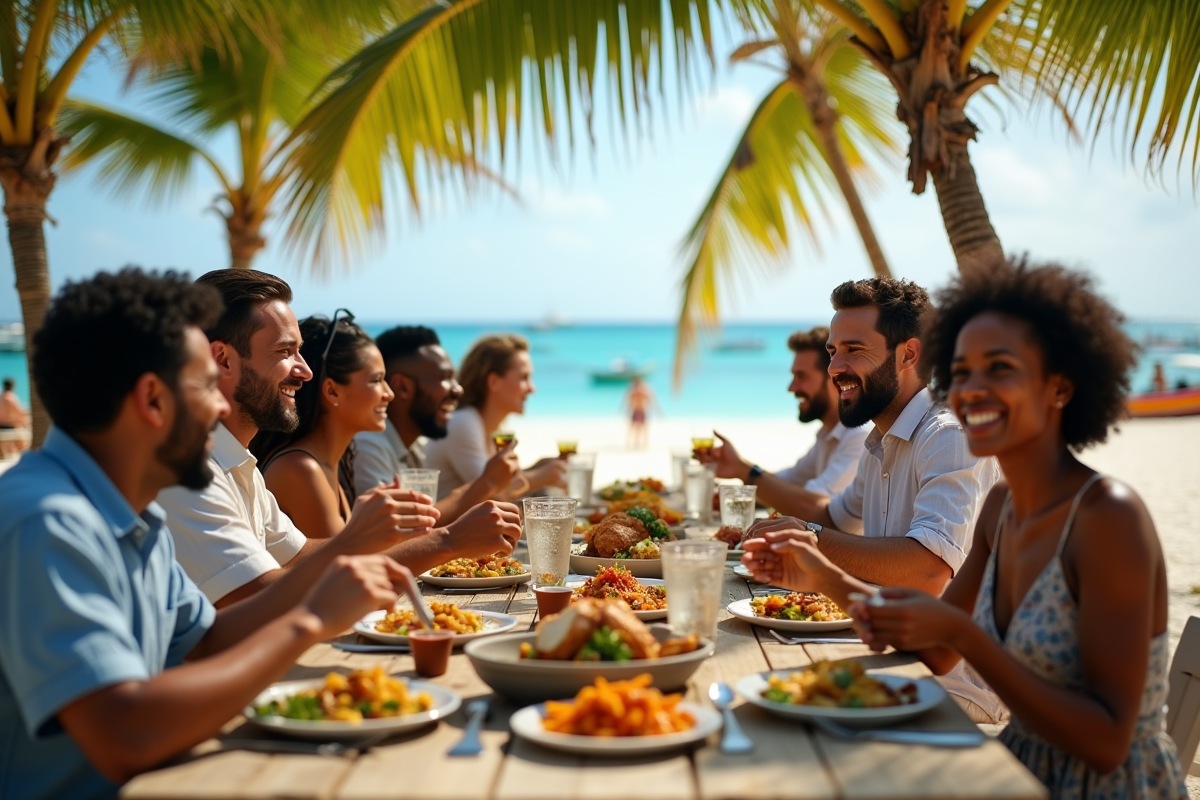 Groupe de jeunes partageant un repas sur la plage ensoleillée