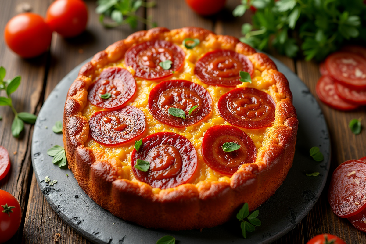 Gâteau au chorizo entier sur table rustique avec ingrédients