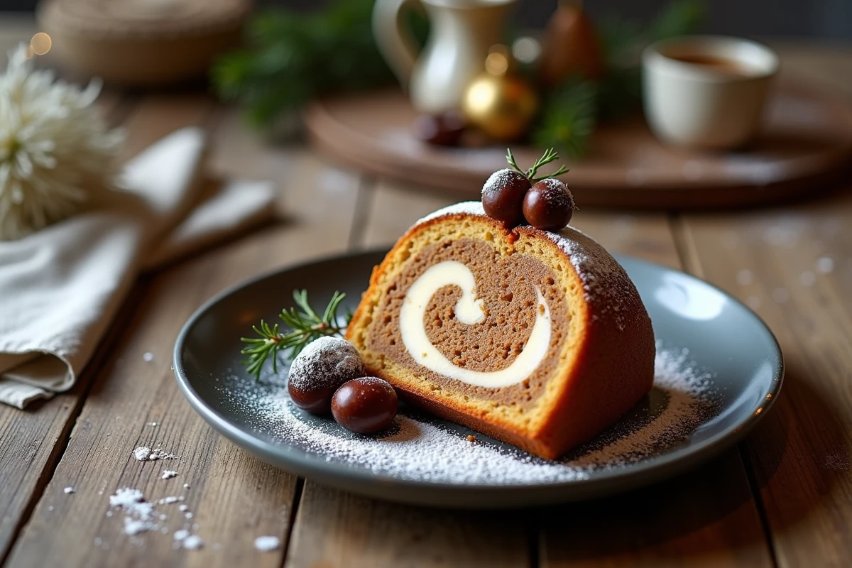 Partie de gâteau roulé à la crème sur une assiette en céramique