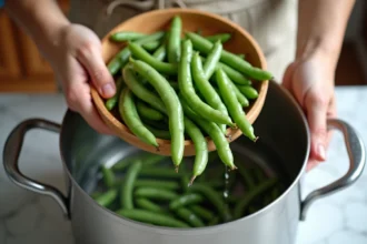 Haricots verts frais versés dans une cocotte-minute sur un plan de travail en marbre blanc