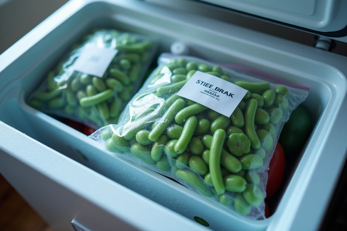 Sac de haricots verts frais équeutés prêts à être congelés dans un congélateur domestique
