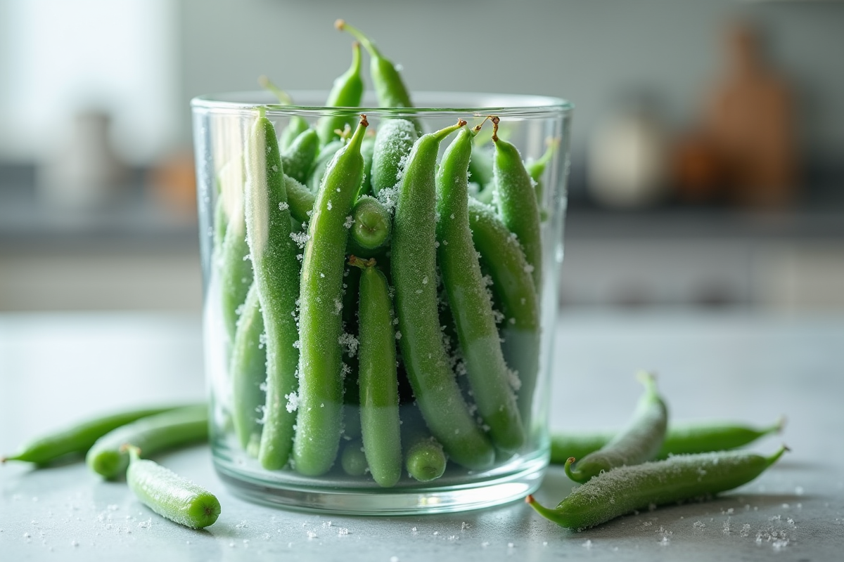 Haricots verts congelés dans un contenant en verre