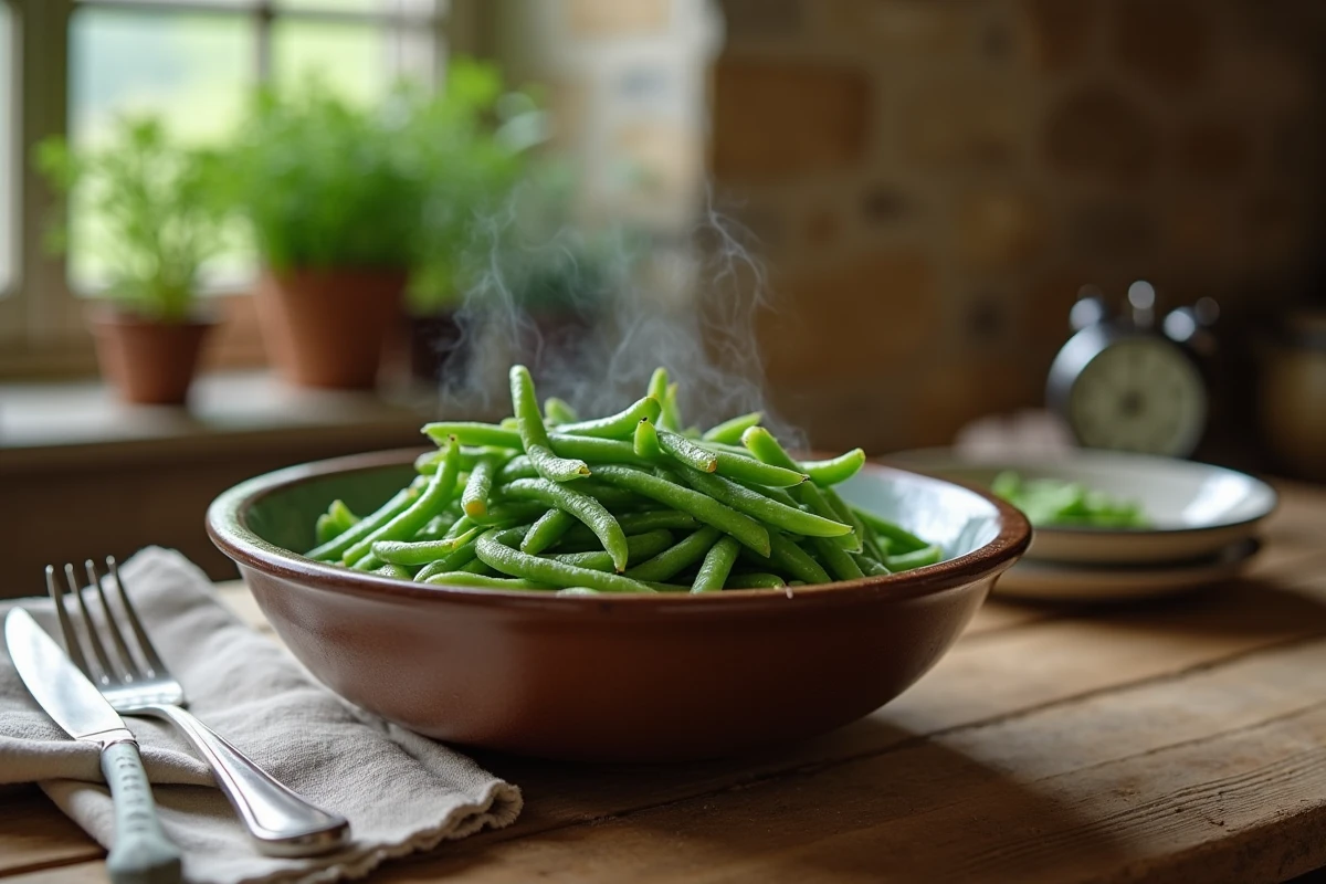 Haricots verts cuits à la vapeur en cocotte-minute servis dans un bol en céramique rustique