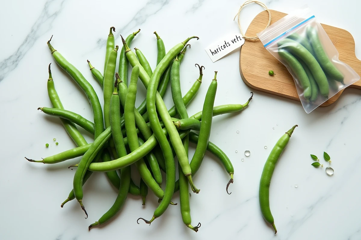 Vue de dessus haricots verts équeutés lavés avec sac de congélation sur marbre blanc
